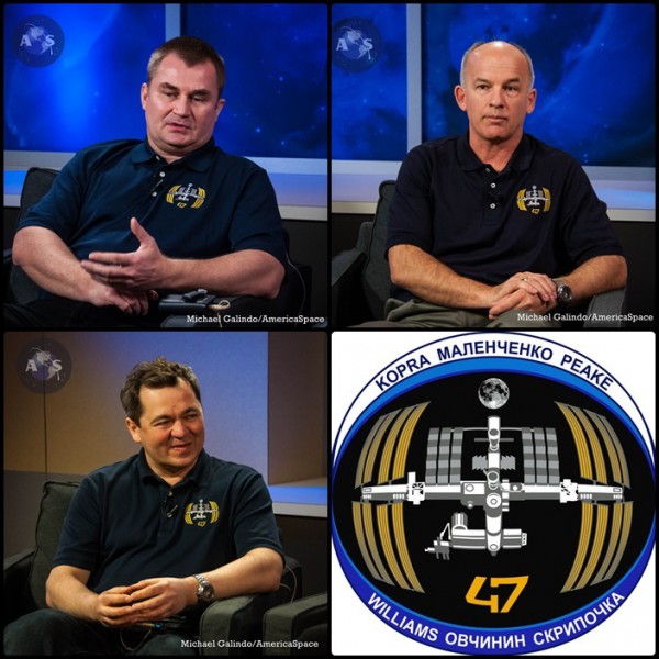 Spaceflight veterans Jeff Williams (top right) and Oleg Skripochka (bottom left) will be joined on Soyuz TMA-20M by first-timer Alexei Ovchinin. They will form the second half of Expedition 47, which also includes Commander Tim Kopra of NASA, Russia's Yuri Malenchenko and Britain's Tim Peake. Photo Credit: Michael Galindo/AmericaSpace