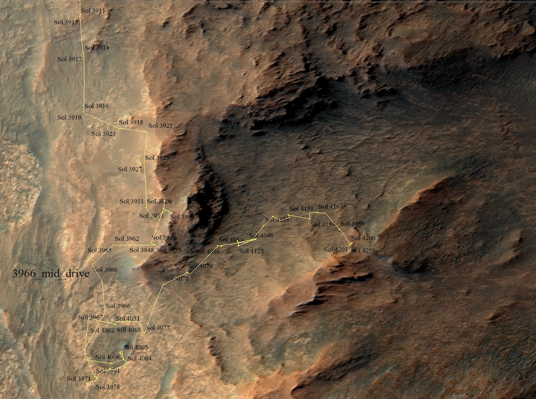 Portion of route map showing Opportunity's traverse up until sol 4,209, on the inside edge of Marathon Valley. Image Credit: NASA/JPL-Caltech