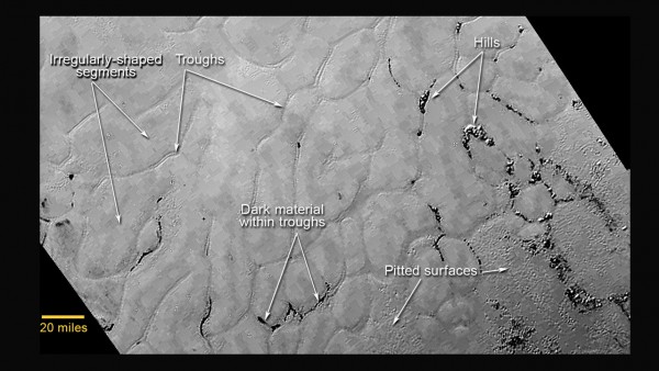 Closer view of Sputnik Planum, showing the convection cells, icebergs (hills) and pits. Image Credit: NASA/JHUAPL/SwRI