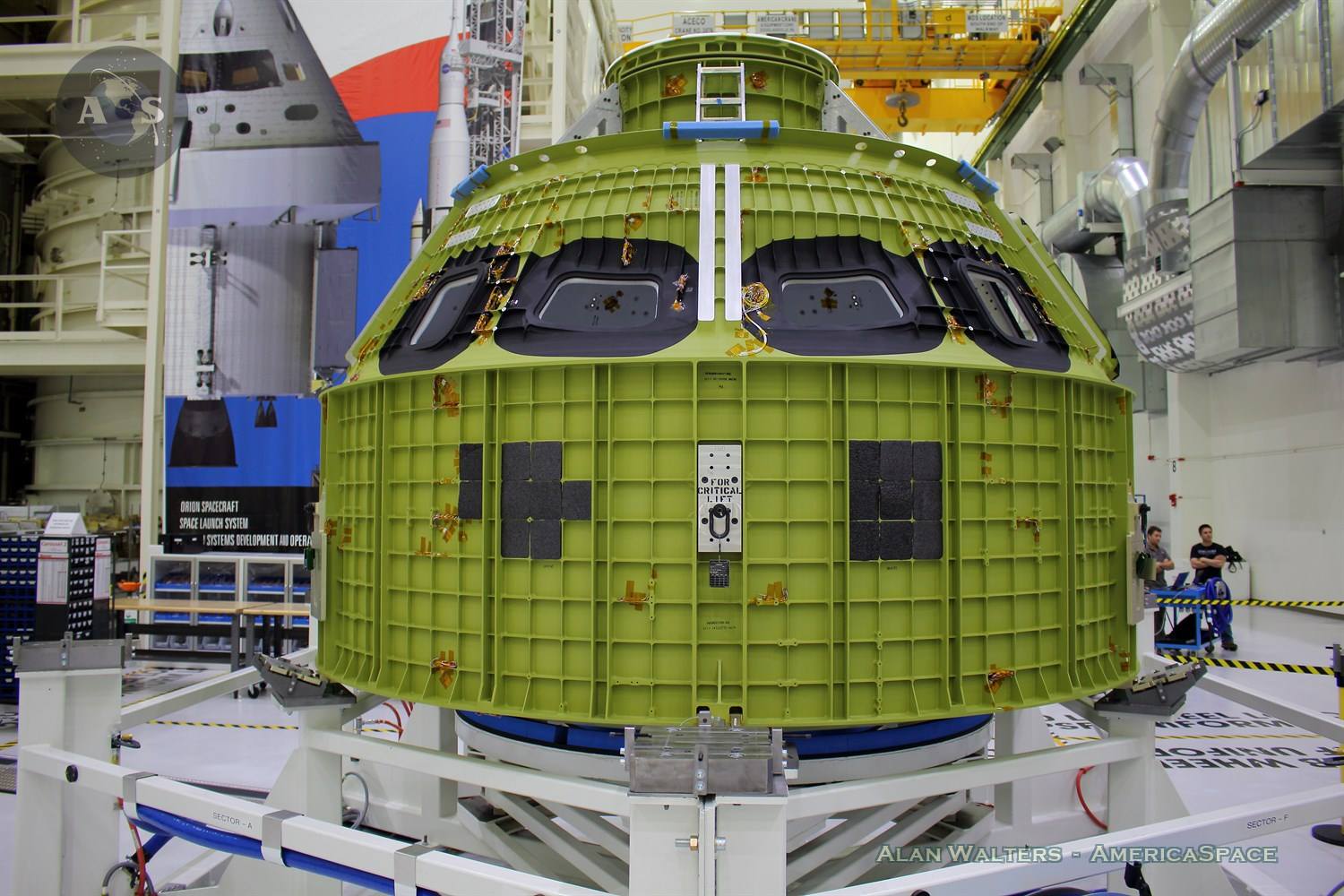 The Orion EM-1 pressure vessel now at KSC to be outfitted with its flight systems, hardware and thermal protection system for the SLS EM-1 mission. Photo Credit: Alan Walters / AmericaSpace