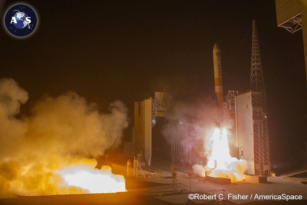 A top secret 8-ton National Reconnaissance Office (NRO)/Boeing Topaz imaging radar satellite was successfully launched into a retrograde polar orbit before dawn Feb. 10 from Vandenberg AFB, Calif. atop a ULA Delta-IV Medium. Mission NROL-45. Photo Credit: Robert Fisher / AmericaSpace