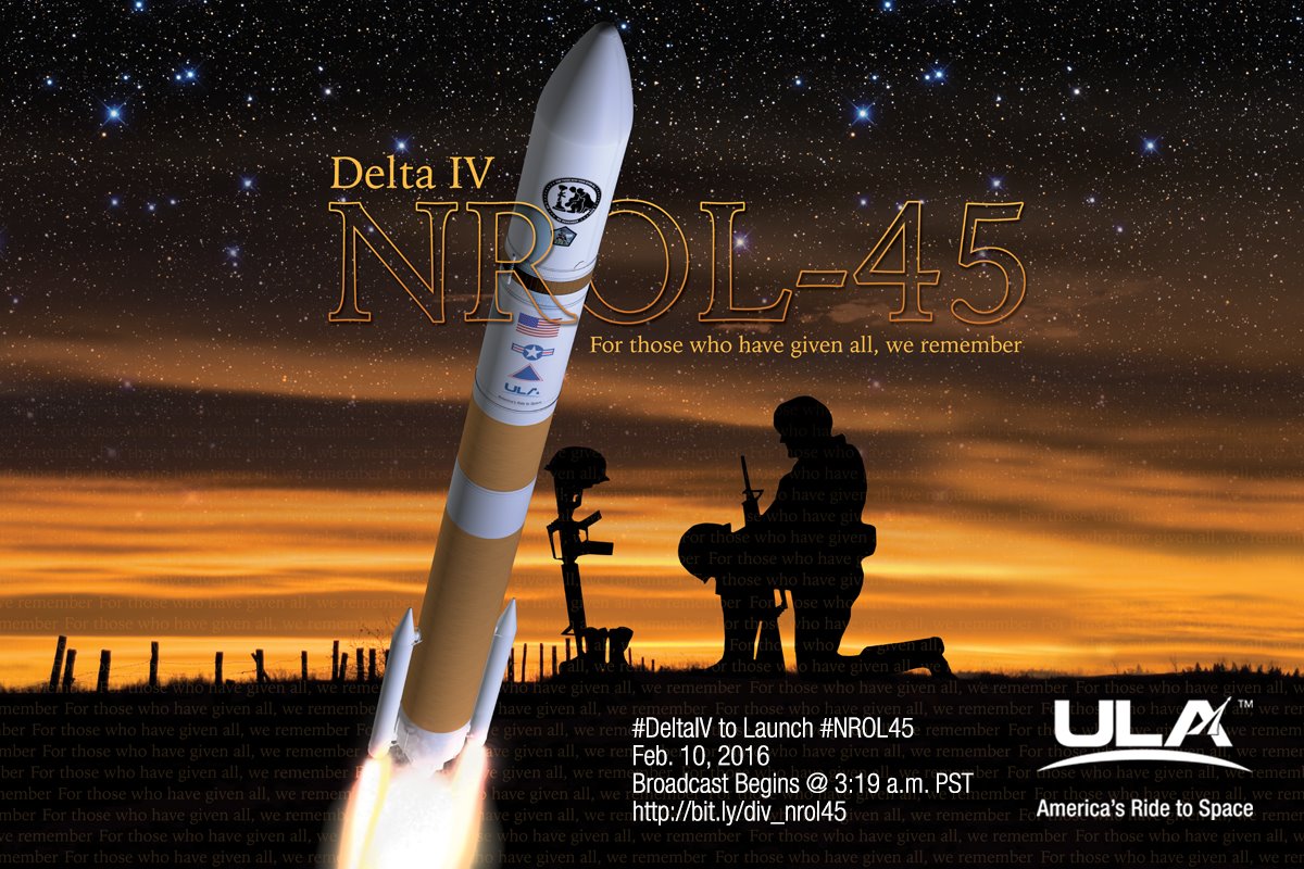 ULA is set to launch NROL45 on a Delta-IV from Vandenberg Air Force Base, CA at 3:39 a.m. PST Feb 10. The mission will deliver the NRO/Boeing Topaz imaging radar reconnaissance satellite to orbit. Image Credit: ULA