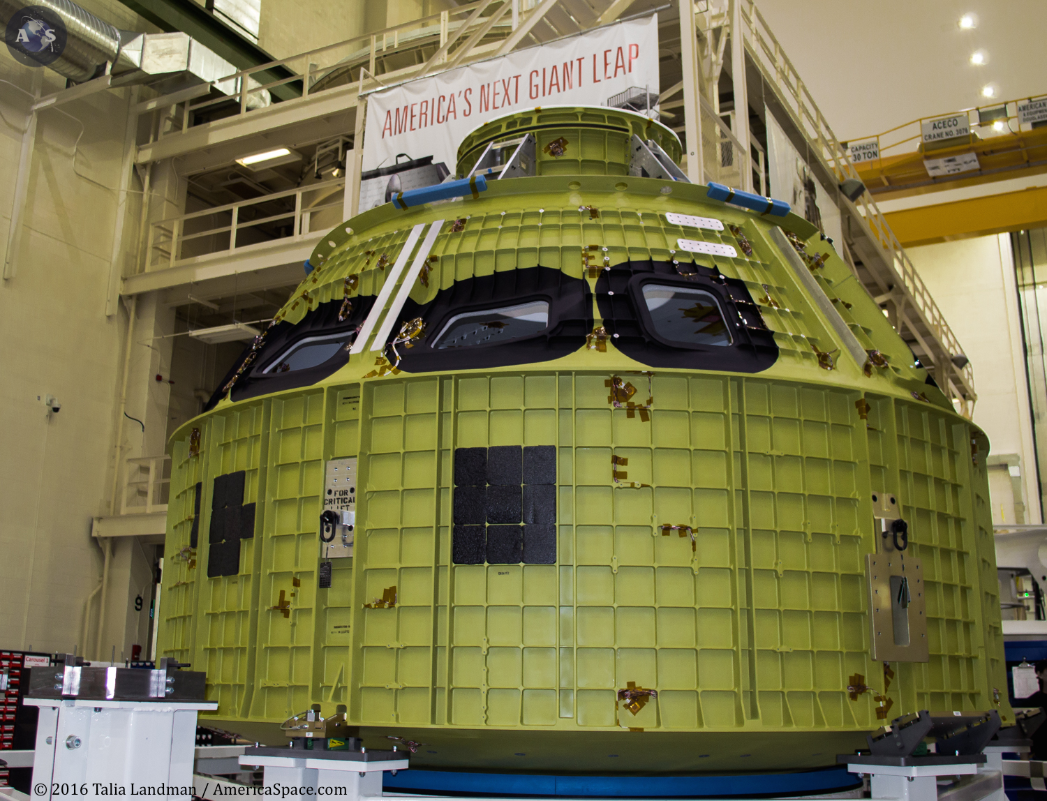 The Orion pressure vessel for the EM-1 mission currently sits upon an upgraded test stand inside Operations & Checkout Building at NASA's Kennedy Space Center in Florida. Photo Credit: Talia Landman / AmericaSpace.com