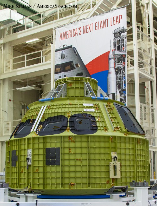 The Orion EM-1 spacecraft structure currently on its birdcage test stand in KSC's O&C building for EM-1 flight processing. Photo Credit: Mike Killian / AmericaSpace