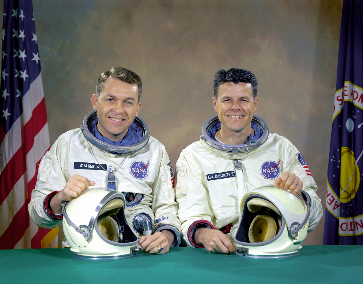 Assigned in November 1965, the Gemini IX crew of Elliot See (left) and Charlie Bassett were tasked with flying a 48-72-hour mission in the late spring of 1966. Their flight would have demonstrated rendezvous, docking, maneuvering and spacewalking. Photo Credit: NASA