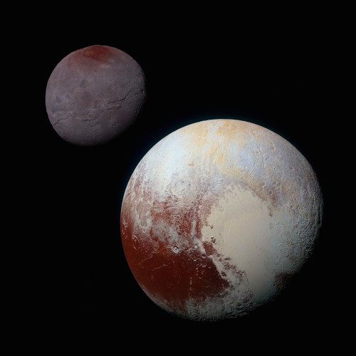 Charon (left) and Pluto (right) as seen by New Horizons. Image Credit: NASA/JHUAPL/SwRI