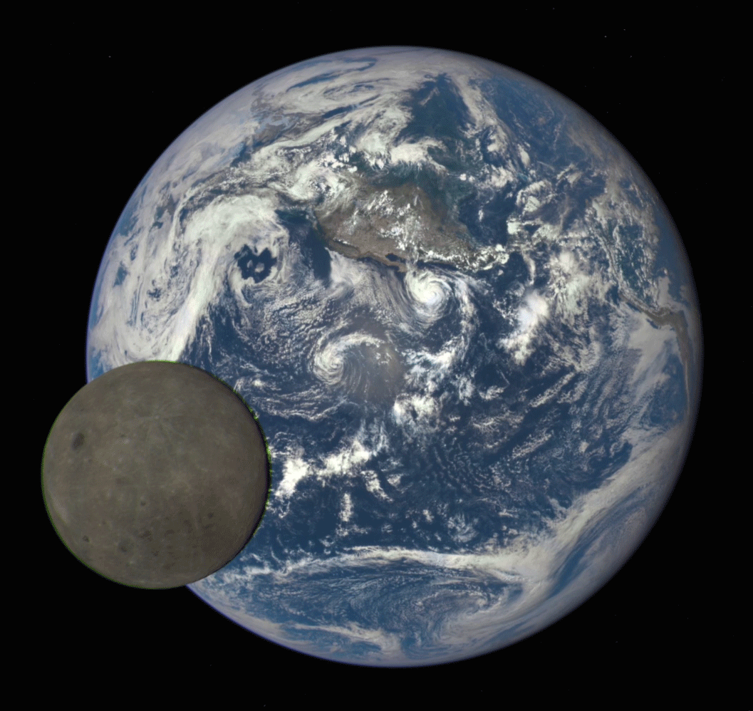 The lunar farside begins its transit of the sunlit Earth, as seen by the Deep Space Climate Observatory (DSCOVR) in July 2015. Photo Credit: NASA/NOAA