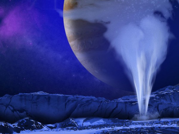 Europa may have geysers of water vapor erupting from the ocean below, as in this artist’s conception. If so, they could be sampled and analyzed for possible evidence of life. Image Credit: NASA/ESA/K. Retherford/SWRI