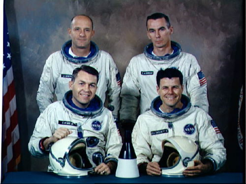 The Gemini IX crews consisted of Elliot See (front left) and Charlie Bassett (front right) and their backups, Tom Stafford and Gene Cernan. The deaths of the prime crew on 28 February 1966 forced Stafford and Cernan into their shoes. Photo Credit: NASA