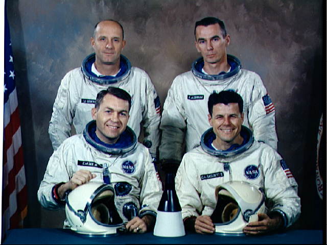 The Gemini IX crews consisted of Elliot See (front left) and Charlie Bassett (front right) and their backups, Tom Stafford and Gene Cernan. The deaths of the prime crew on 28 February 1966 forced Stafford and Cernan into their shoes, but was not the end of their misfortunes. On 17 May 1966, they also lost their rendezvous target, the Gemini-Agena Target Vehicle (GATV). Photo Credit: NASA