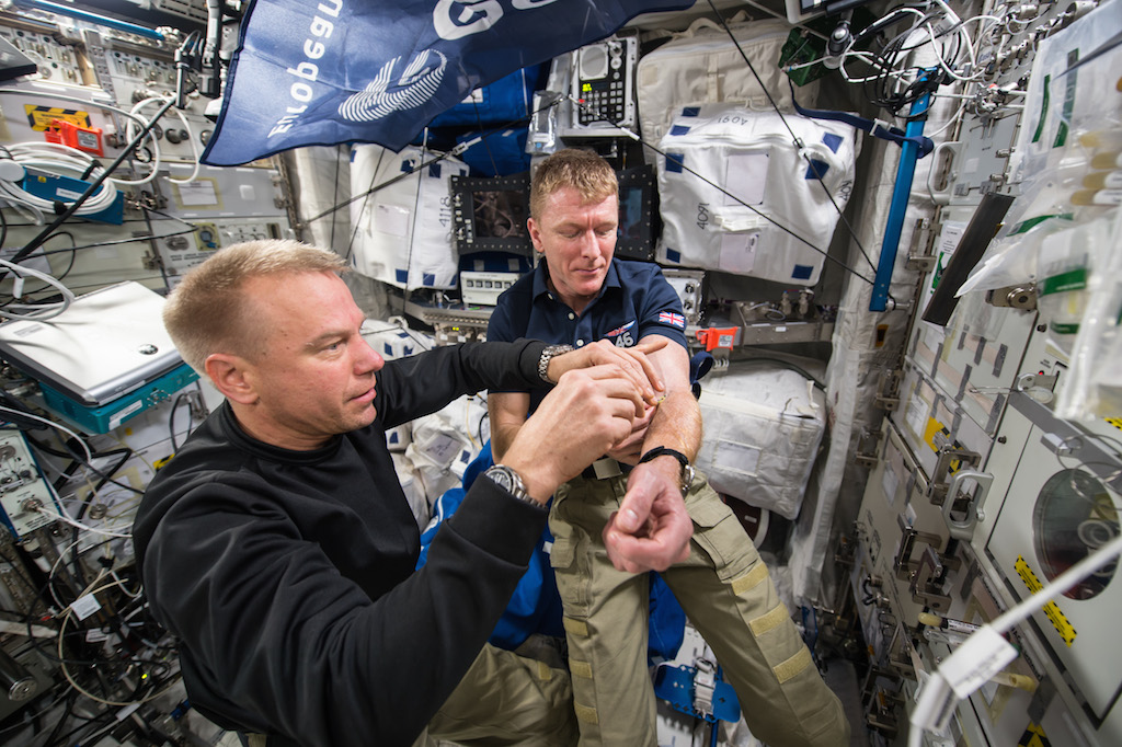  ESA astronaut Tim Peake tweeted picture of his first blood draw completed in space. The sample was taken as part of the MARROW investigation. Credit: NASA 