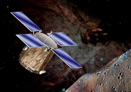 Artist's concept of the NEAR-Shoemaker spacecraft at Eros. Powered by a "windmill" of solar arrays, this was the furthest-flying solar-powered mission at the time. Image Credit: NASA/JHU/APL