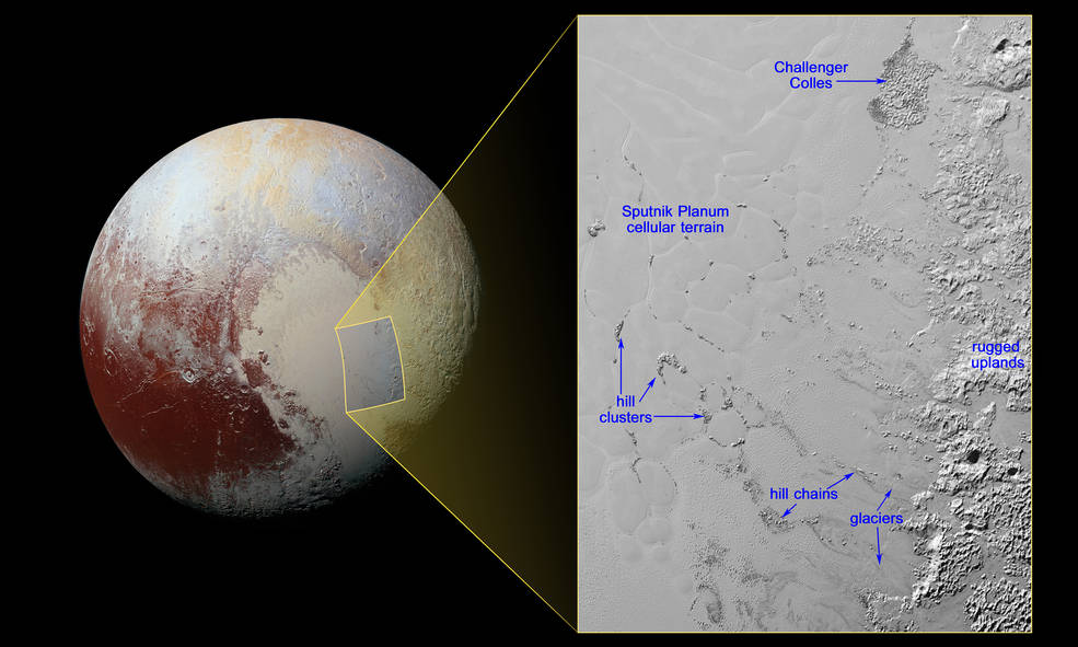 Icebergs on Pluto: the large blocks of water ice float in a "sea" of nitrogen ice and are thought to have broken off from the rugged and mountainous highlands. Image Credit: NASA/JHUAPL/SwRI