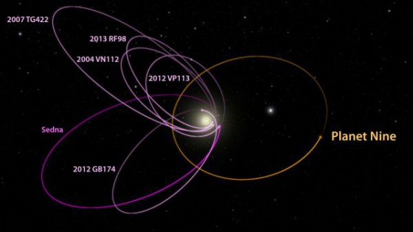 Diagram of the orbits of the six Kuiper Belt objects from the first study, along with the calculated orbit of Planet 9. Image Credit: Caltech/R. Hurt