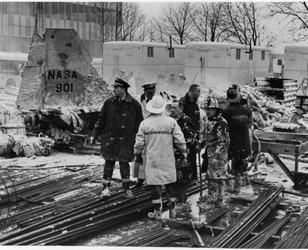 The remains of NASA 901, the T-38 jet which carried the Gemini IX prime crew of Elliot See and Charlie Bassett. Photo Credit: St. Louis Post-Dispatch archive