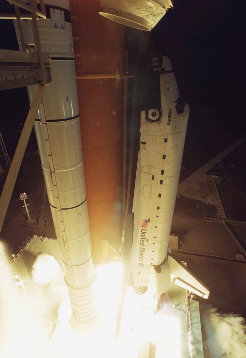 Atlantis roars into orbit, shortly after sunset on 7 February 2001. Photo Credit: NASA