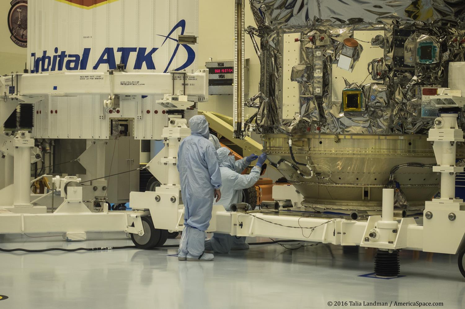 Orbital ATK's OA-6 Cygnus spacecraft is readied for its 22 March launch to the International Space Station (ISS). Photo Credit: Talia Landman / AmericaSpace