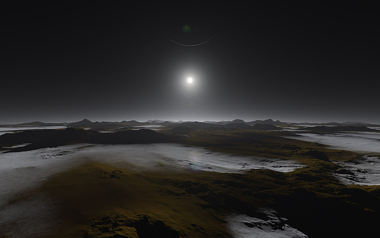 Artist's conception of Pluto's surface, with the distant Sun and largest moon Charon in the sky. The surface is frozen now, but evidence suggests that rivers and lakes of liquid nitrogen once flowed here. Image Credit: NASA/Johns Hopkins University Applied Physics Laboratory/Southwest Research Institute/Alex Parker
