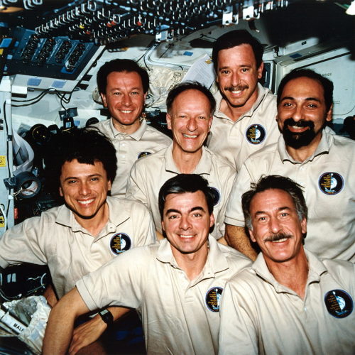 The seven-man STS-75 included four veterans of the first Tethered Satellite System (TSS) mission, as well as marking the first shuttle flight to include as many as three European astronauts. Photo Credit: NASA, via Joachim Becker/SpaceFacts.de