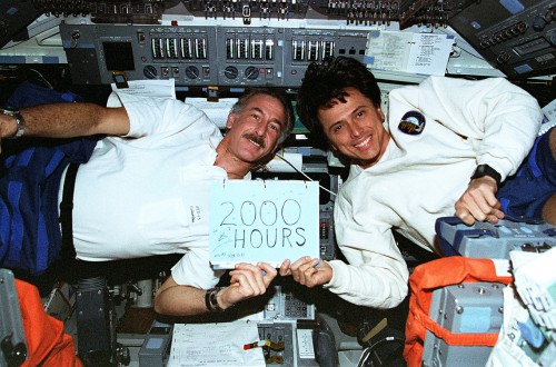 On STS-75, both Jeff Hoffman (left) and Franklin Chang-Diaz surpassed a cumulative 1,000 hours aboard the Space Shuttle. Photo Credit: NASA, via Joachim Becker/SpaceFacts.de