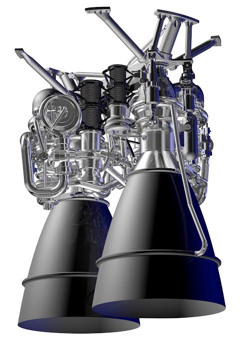 Aerojet Rocketdyne graphic shows the twin nozzle design of the AR1 liquid oxygen / kerosene rocket engine with 500,000 lb. thrust. Photo Credit Aerojet Rocketdyne.