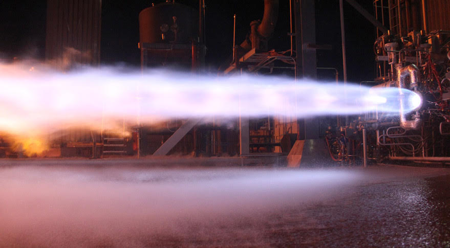 BE-4 methane engine components undergo hot fire test at the Bezos west Texas test site. Photo Credit Blue Origin