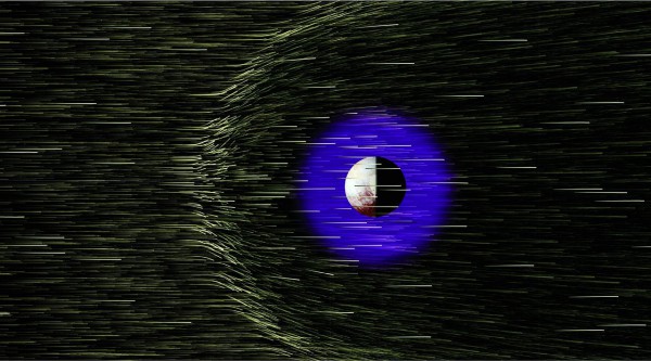 Illustration of the interaction between the solar wind and Pluto's extended atmosphere. Image Credit: Steve Bartlett and NASA’S Scientific Visualization Studio 
