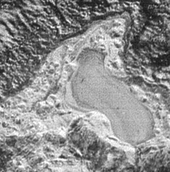 Closer view of what is thought to be a frozen lake on Pluto, composed of nitrogen ice. Image Credit: NASA/Johns Hopkins University Applied Physics Laboratory/Southwest Research Institute