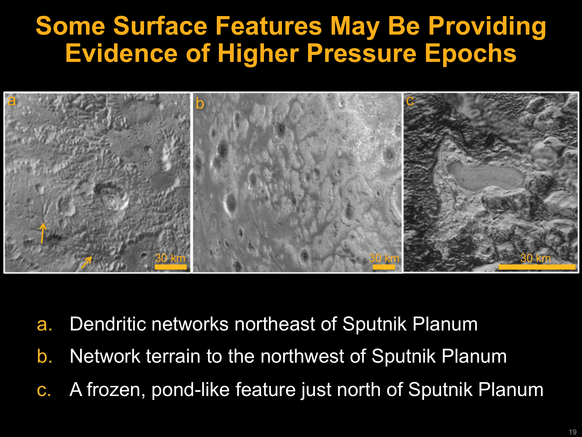 Slide from LPSC presentation showing features on Pluto's surface thought to have been created by flowing liquid nitrogen. Credit: NASA/Johns Hopkins University Applied Physics Laboratory/Southwest Research Institute