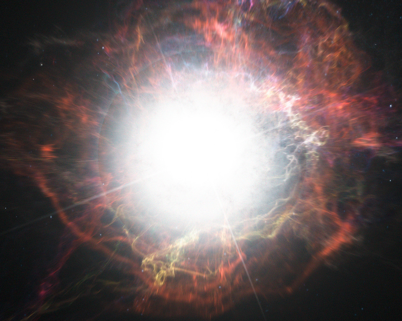 An artist's impression of a supernova explosion. With the help of NASA's Kepler space telescope, astronomers were able to observe for the first time the exact moment when the shockwave from a supernova reaches the surface of the progenitor star just before the latter explodes. Image Credit: ESO/M. Kornmesser