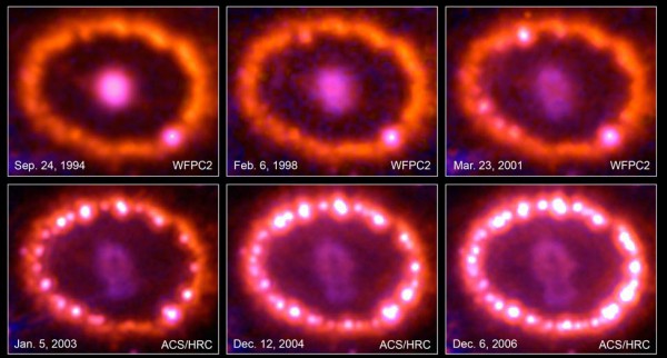 A collage of images of the Type II supernova SN 1987A in the neighboring Large Magellanic Cloud, that were taken by the Hubble space telescope over a period of 12 years. The photos show a ring of material around the supernova progressively being lit up as it was hit by the shock wave from the initial explosion. Image Credit: NASA, ESA, Pete Challis, and Robert Kirchner