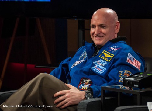 Clad in his flight jacket, emblazoned with crew patches, Scott Kelly has accrued more than 520 days in space across two shuttle missions and a pair of International Space Station (ISS) increments. Photo Credit: Michael Galindo/AmericaSpace