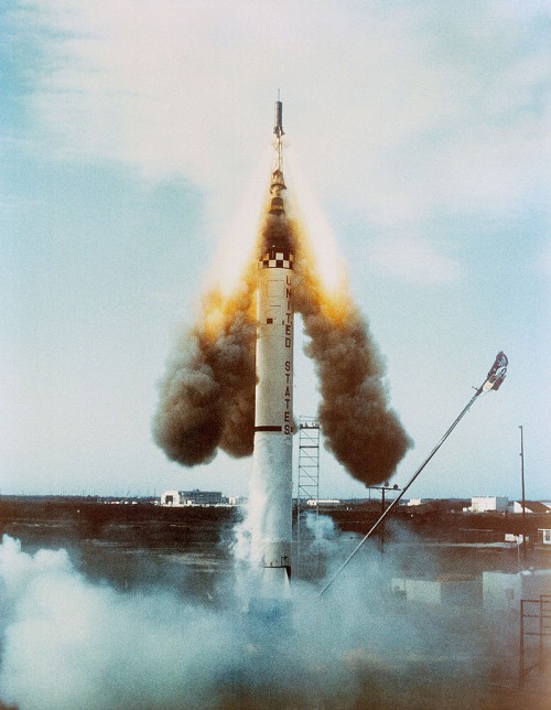 The Launch Escape System (LES) fires after Mercury-Redstone (MR-1) aborts on 21 November 1960. Photo Credit: NASA