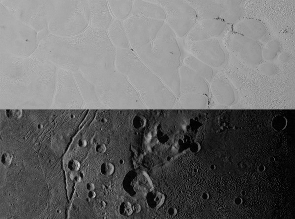 Comparison of the surface of Pluto (top) and Charon (bottom). The smooth ice plains on Pluto are marked by troughs and the "mountain in a moat" on Charon is seen from above, near the center of the image. Image Credit: NASA/JHUAPL/SwRI