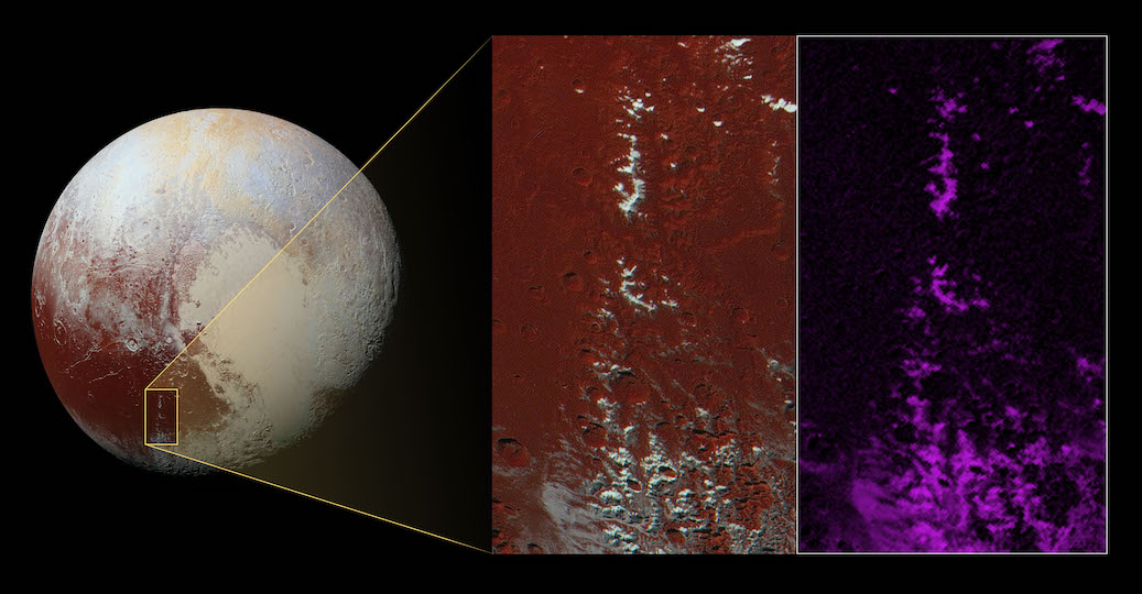 Methane "snow" on mountain peaks in the Cthulhu region of Pluto. The image covers an area 280 miles (450 kilometers) long by 140 miles (225 kilometers) wide. Image Credit: NASA/JHUAPL/SwRI