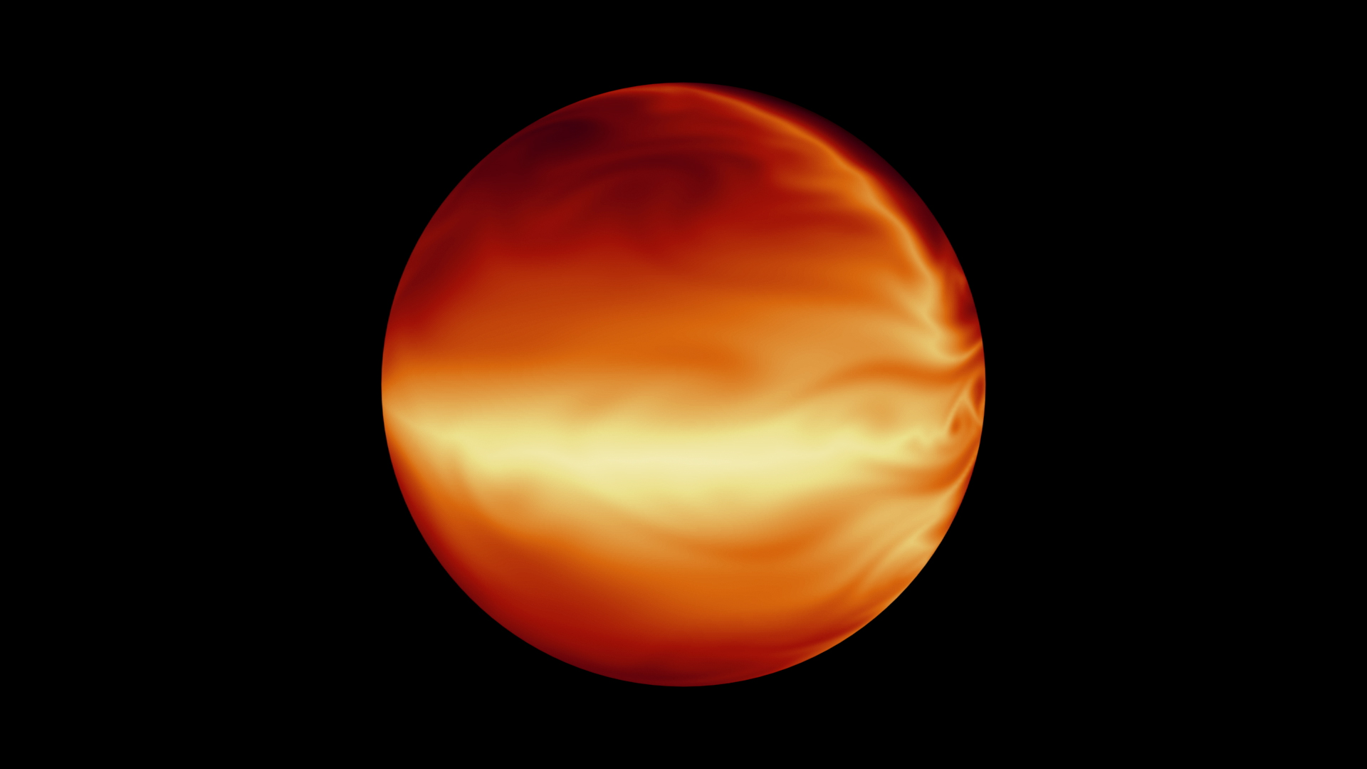 A simulation showing the turbulent atmosphere of exoplanet HD 80606b, based on data that were gathered with the Spitzer space telescope. This hot Jupiter-type world has one of the most elongated orbits known for an exoplanet, one that resembles the orbits of comets in our Solar System. Image Credit: NASA/JPL-Caltech/MIT/Principia College