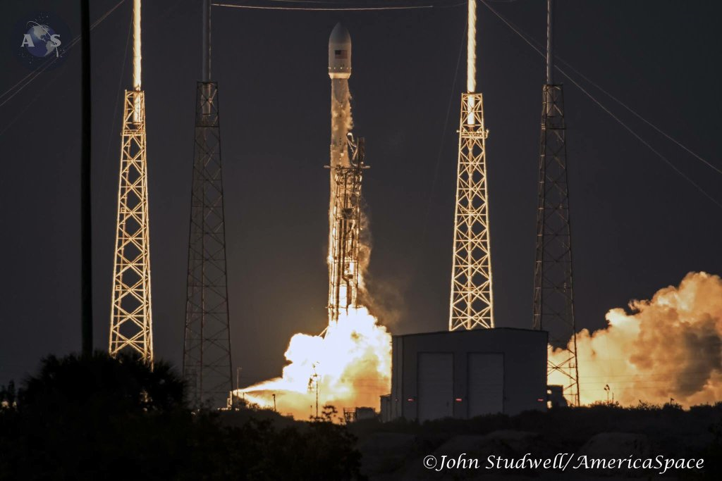 After no less than four scrubbed launch attempts, SpaceX's second Upgraded Falcon 9 rocketed into orbit on Friday, 4 March, to deliver the SES-9 communications satellite to Geostationary Transfer Orbit (GTO). Photo Credit: John Studwell/AmericaSpace