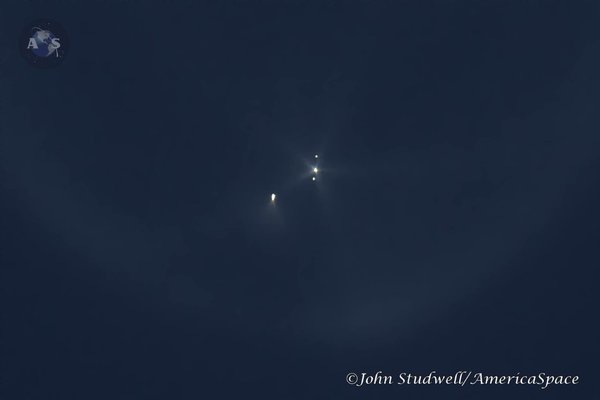 High-altitude separation of the Payload Fairing (PLF), exposing SES-9 to the space environment for the first time. Photo Credit: John Studwell/AmericaSpace