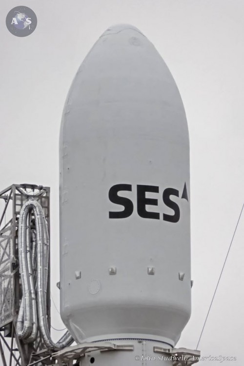 The SES-9 communications satellite was encapsulated within a bulbous Payload Fairing (PLF). This provided aerodynamic protection for the spacecraft during its ascent to orbit. Photo Credit: John Studwell/AmericaSpace