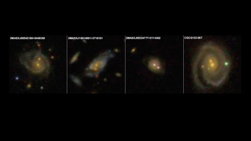Four out of the 53 newly found super spiral galaxies exhibit a double nucleus, which could signify different stages of galactic merger events. (a) Possible collision in progress of two spirals. (b) Possible collision or merger of two spirals, also a brightest cluster galaxy. (c) High-surface brightness disk with possible double AGN, with faint outer arms. The nucleus at the center is classied as an SDSS QSO. (d) Possible late-stage major merger with two stellar bulges, with a striking grand spiral design surrounding both nuclei. Image Credit: Sloan Digital Sky Survey