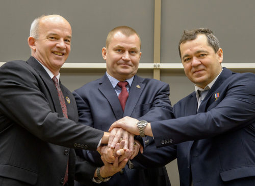 The Soyuz TMA-20M crew, from left, consists of U.S. astronaut Jeff Williams and Russian cosmonauts Alexei Ovchinin and Oleg Skripochka. Photo Credit: NASA