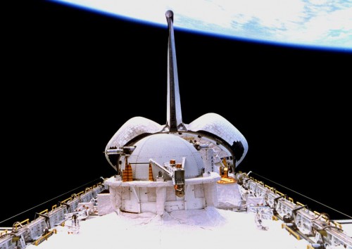 The Tethered Satellite, pictured in Columbia's payload bay. Photo Credit: NASA, via Joachim Becker/SpaceFacts.de