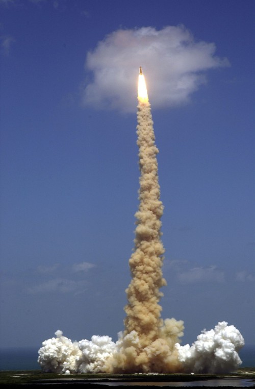 Endeavour rockets to orbit on 19 April 2001, carrying representatives of four discrete sovereign nations. Photo Credit: NASA, via Joachim Becker/SpaceFacts.de