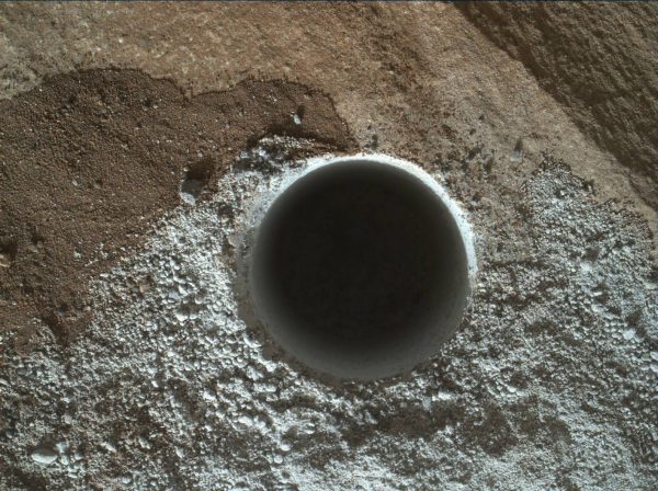 Curiosity's latest drill hole, in the Lubango outcrop on the Naukluft Plateau. Photo Credit: NASA/JPL-Caltech
