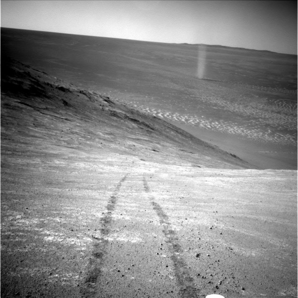 Dust devil seen by Opportunity on sol 4332 inside Endeavor crater. While not many dust devils have been seen by Opportunity, many had been imaged by its twin rover Spirit, in Gusev crater. Photo Credit: NASA/JPL-Caltech