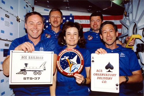 The STS-37 crew celebrate their success. From left to right are Jerry Ross, Steve Nagel, Linda Godwin, Ken Cameron and Jay Apt. Photo Credit: NASA, via Joachim Becker/SpaceFacts.de