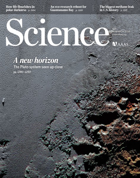 Cover of the March 18, 2016 edition of the journal Science featuring results from the New Horizons mission so far. Image Credit: AAAS/Science