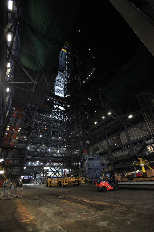VAB High Bay 2, Mobile Launcher 3 is just visible at bottom left in another high bay. Photo Credit: NASA/KSC Kim Shiflett