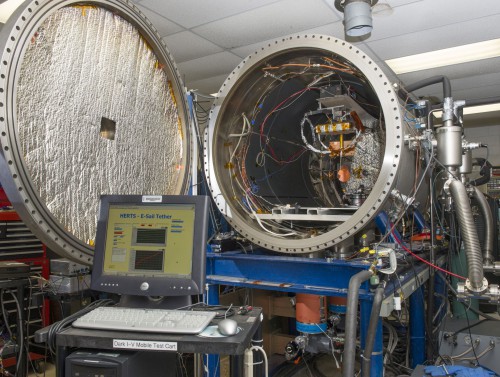 The controlled plasma chamber at the Marshall Space Flight Center, where a series of tests for HERTS will examine the rate of proton and electron collisions with a positively charged tether. Image Credit: NASA/MSFC/Emmett Given