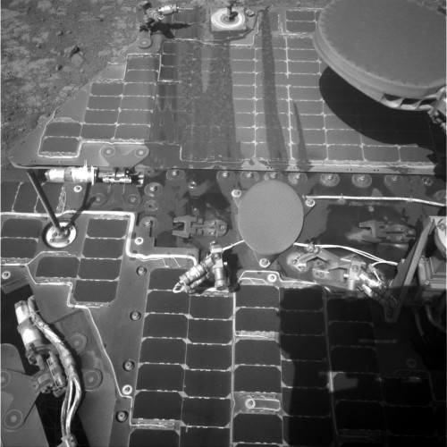Image taken on sol 4322 (March 21, 2016) showing streaks of sand or dust on one of Opportunity's solar panels. Photo Credit: NASA/JPL-Caltech